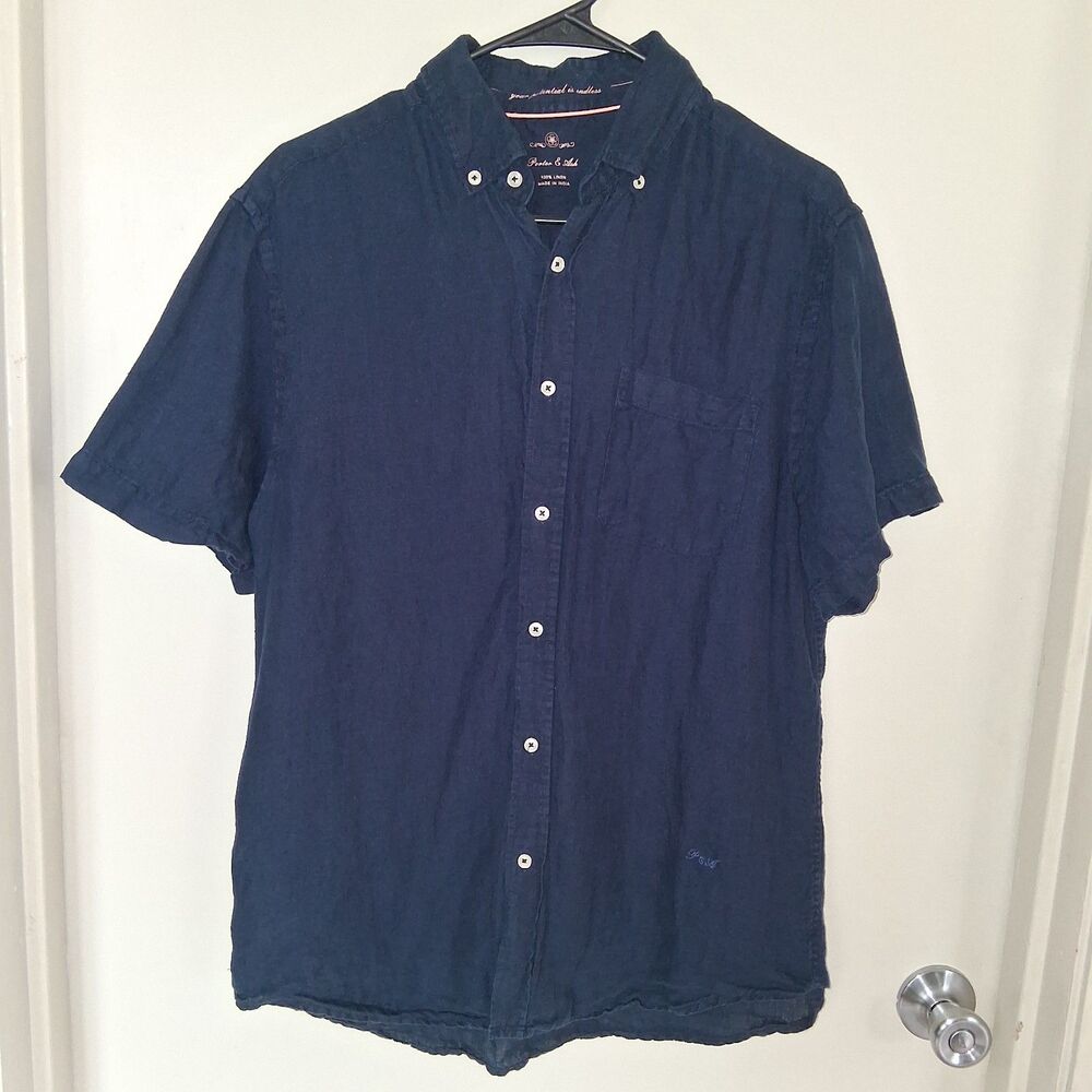 Porter & Ash Coastal Lightweight Linen Short Sleeve Button-Down Navy Shirt M